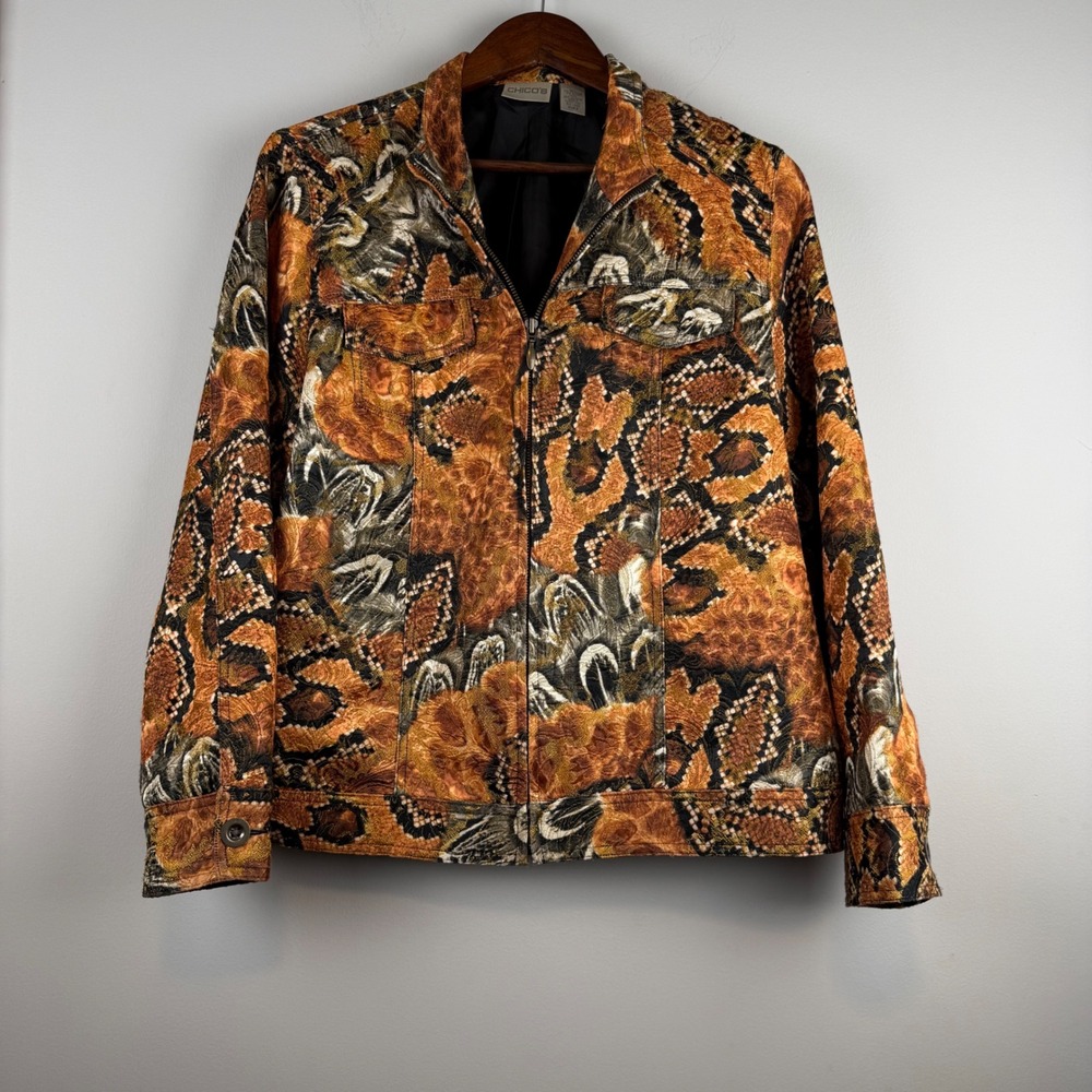 VTG Chico's Tapestry Jacket Women 2 L Brown Snakeskin Metallic Zipper Brocade